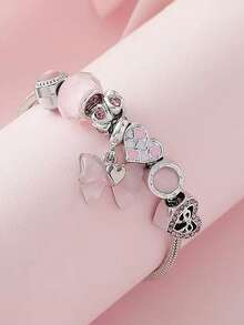 1pc Luxury Sweet Princess Style Pink Bowknot Heart Beaded Adjustable Bracelet - Pink Bow - View 3