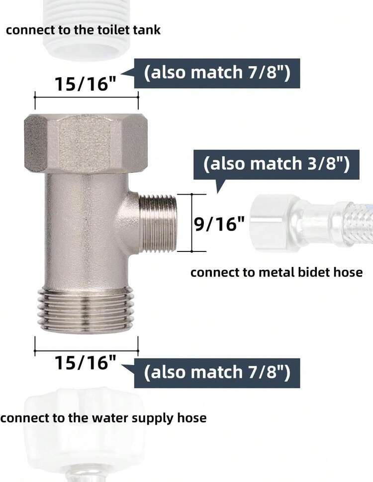 Hibbent Bidet T-Adapter, Metal T-Valve For Bidet (7/8" X 7/8" X 3/8") Or (15/16" X 15/16" X 9/16"), 3-Way T-Connector For Bidet Connection To Toilet - Silver - View 6