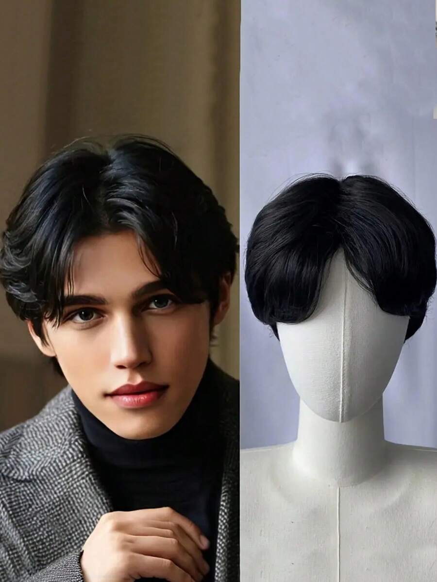 Perruque pour homme avec raie au milieu, coupe courte, perruque à clipser stylée, volumineuse et naturelle, facile à porter pour le cosplay - Multicolore - Voir 1