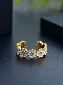 1pc Minimalist Daisy & Sunflower Adjustable Open Ring, Fashionable For Daily Wear - White - View 3