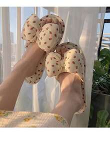 XIXITIAO 1 Pair Cute Strawberry Bow Slip-On Slippers, Quiet Linen Indoor Slippers For Women, Soft Sole Breathable House Shoes For All Seasons - White Strawberry Bow - View 5