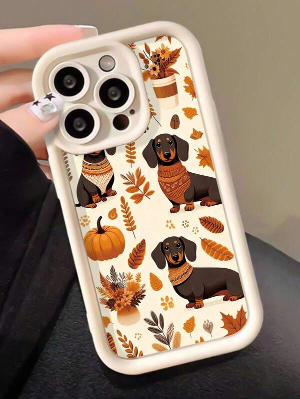 غطاء هاتف أبيض مطفي مقاوم للخدش ومقاوم للبصمات متوافق مع آيفون، مقاوم للماء ومقاوم للصدمات ومقاوم للسقوط، مزين برسومات أوراق الخريف وكلب السجق