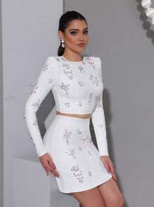 Nuevo conjunto de lujo negro de industria pesada con clavos, incrustaciones de diamantes y parte superior corta, conjunto de falda corta, conjunto de vendaje de dos piezas, vestido de invitada de boda dama de honor, conjunto de fiesta de festival para mujeres