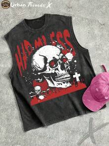 Cotton Washed Crew Neck Tank Top, Skull Art Themed Print, Vintage Washed Craft, Daily Casual Outfit - Black - View 1
