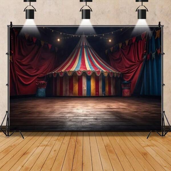 1 pezzo - Sfondo vintage da circo di Ognissanti - Tenda da circo vintage a righe colorate e motivi da carnevale, in tessuto di poliestere resistente per feste da brivido, cabina fotografica, decorazioni da circo inquietante per interni ed esterni