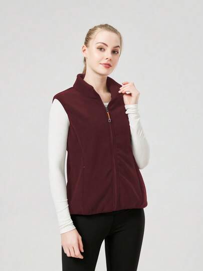 1pc Women's Outdoor Sports Vest Jacket, Spring, Outdoor, Hidden Zipper, Waist Cinched, Slim Fit,Fleece,Winter