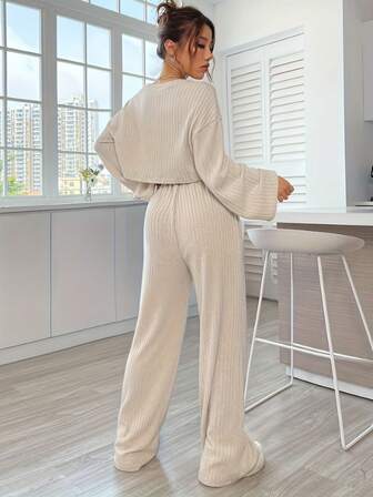 2pcs Women Spring/Autumn/Winter Casual Ribbed Long Sleeve Top & Pants Pajama Set, Fashionable Homewear Suit Can Be Worn Outdoors, Cozy Outfits, Fall Clothes