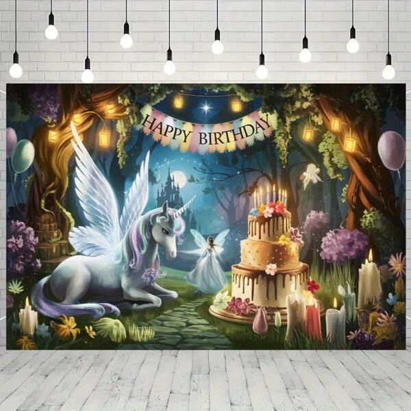 1 pièce Bannière de fond d'anniversaire de la forêt magique 2D - Design unique de licorne et de fée, en polyester, sans alimentation électrique - Idéal pour photobooth, anniversaire et célébration, décoration polyvalente pour fête intérieure/extérieure
