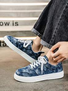 Men's Casual Canvas Sneakers, Denim Texture, Anti-Slip Wear-Resistant, Fashionable Street Style Skateboard Shoes
