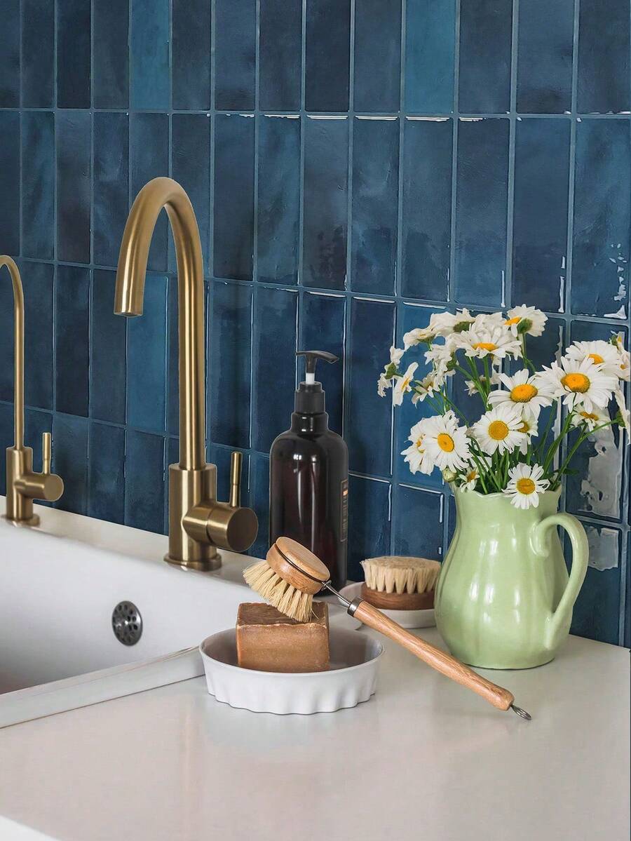 10/30pcs White Brick Pattern Self-Adhesive Tile Stickers, Easy To Peel And Stick Ceramic Tile, Waterproof Wallpaper Suitable For Living Room, Kitchen Backsplash, Bathroom, Zellige Style - Navy Blue - View 1