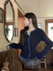 Áo len cardigan tay dài cài nút màu tương phản thiết kế Hàn Quốc - Màu xanh hải quân - Xem 4