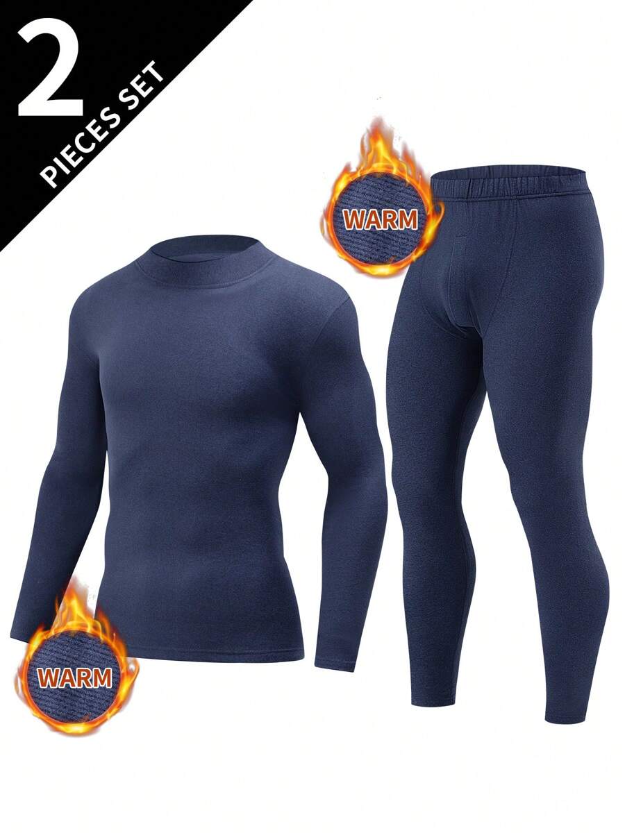 2pcs Men's Crew Neck Long Sleeve T-Shirt + Pants, Warm Casual Underlayer Fleece Sweatshirt Top And Bottoms For Autumn/Winter - Navy Blue - View 1