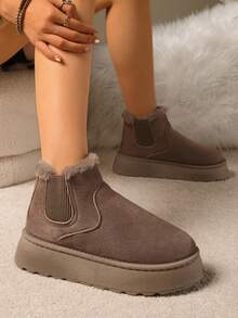 Women's Faux Fur Camel 5cm Thick Sole Ankle Boots, Tight-Fitting Knit Cuff Wool Lining Fur One-Piece Snow Boots, New Autumn/Winter Rear Pull Strap Fluffy Thickened Plush Fur Lining Anti-Cold Slippers, Fashionable Simple Warm Winter Shoes Men Indoor Slippers - Khaki - View 7