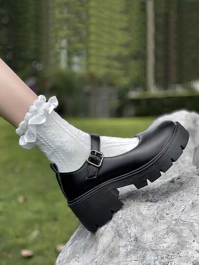 New Fashion Black Round Toe Platform Thick Sole Shoes, British Style High Heel Pumps For Women