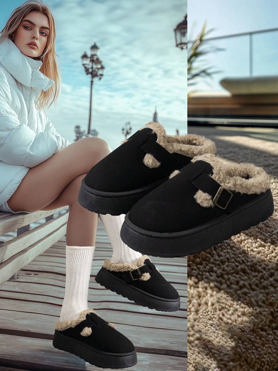 2025 Damen Neue Schlüpf-Flauschige Pantoffeln, Winteraußenkleidung, Dicke Fütterung, Warm, Dicke Sohle, Erhöhte Höhe, Schlüpf-Schnalle, Veloursleder Material, Große Größen, Schwarze Schneepantoffeln - Schwarz - Übersicht 1