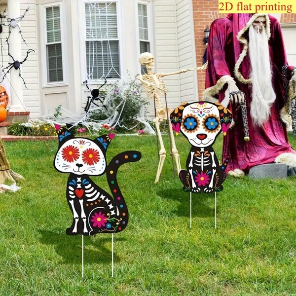 2 PIEZAS Cartel plano 2D con diseño de calavera de azúcar y flores - Decoración impermeable para el patio con diseño floral, decoración exterior para el festival mexicano, adecuado para jardines, céspedes, patios, decoración de patio de Halloween, decoración de jardín, diseño floral vívido, decoración exterior duradera