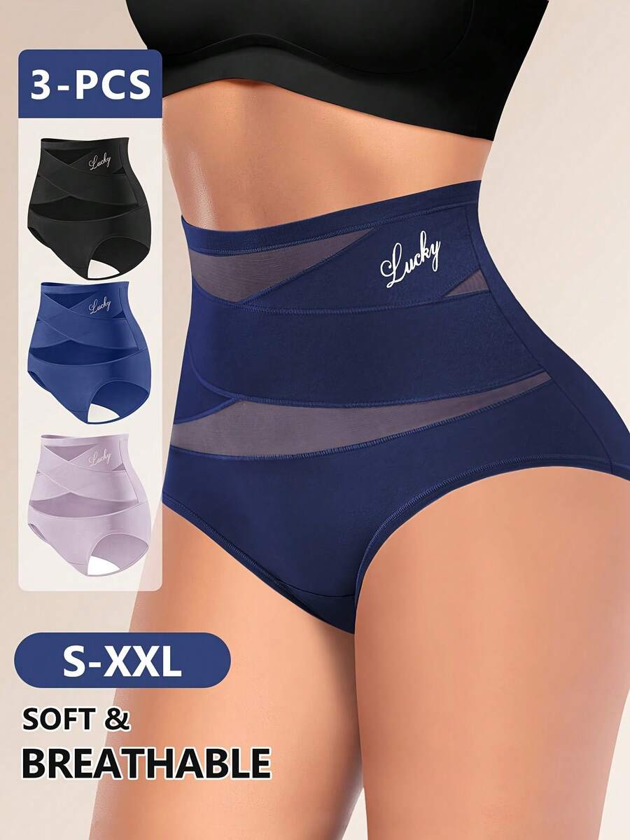 MEIYATING 3入組女性高腰透氣網眼修身冰絲三角褲