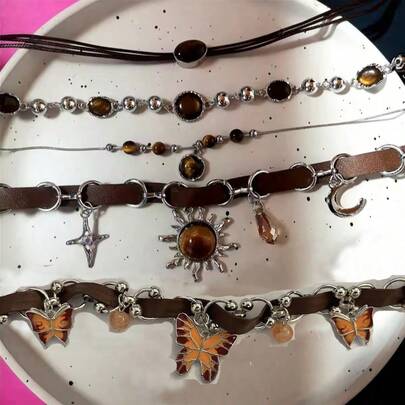 5 حبات/مجموعة قلادة سلسلة تميمة صليب شمس فراشة للرجال والنساء، إكسسوارات مجوهرات بأسلوب بانك و EMO والهيب هوب والغرانج