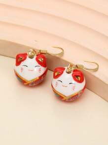 1 对可爱陶瓷招财猫耳环，手工制作的幸运耳环适合女性日常佩戴和节日礼物