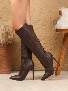 2025 秋冬性感时尚纯色尖头细高跟休闲百搭侧拉链修身咖啡色及膝靴女靴，棕色靴子 - 咖啡棕 - 查看 4