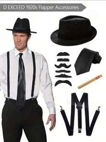 Value 5-Piece Set 1920s Men's Costume Hat, Includes 1920s Men's Hat, Tie, Fake Mustache, Accessories, Suspenders, Ball And Party Costume Halloween Outfit Accessories - Multicolor - View 11