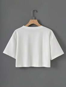 Women'S Casual Crop Top T-Shirt With Heartbeat & Palm Tree Print, Short Sleeve Round Neck, Light Blue, Spring/Fall Beach-Themed Design, Summer Casual Wear | Heartbeat Graphic Tee | Smooth Texture Fabric - 白色 - 查看 2