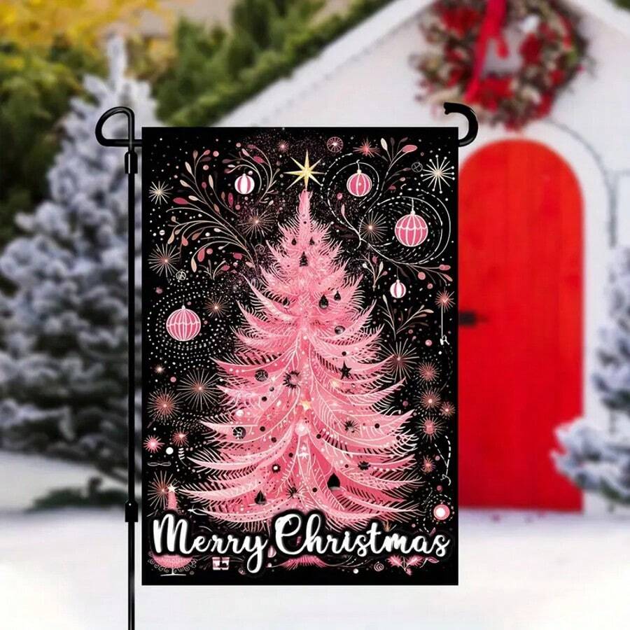 1pc Merry Christmas Pink Garden Flag - Double-Sided, Durable Fabric Outdoor Decor With Festive Tree Design For Porch And Yard
