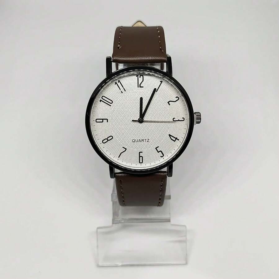 Men's Brown Leather Watch - Đen và trắng - Xem 1