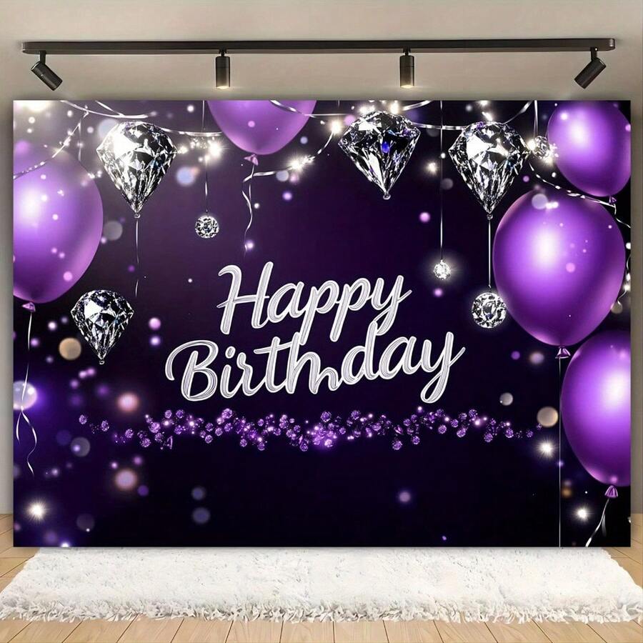 2D 1 件紫色生日派对背景横幅 - 2D 户外装饰，带有“生日快乐”文字、闪光和五彩纸屑设计，适用于家庭、花园、圣诞节、婚礼、生日派对装饰 - 1件 - 查看 1