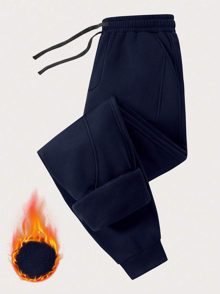 Calça Jogger Forrada Térmica Masculina - Calça de Moletom Grossa e Quente de Inverno, Calça Casual de Malha Estilo Japonês com Punho, Calça de Loungewear Macia de Cor Sólida para Uso Diário no Outono/Inverno, Descanso de Final de Semana, Jogging e Exercícios na Academia