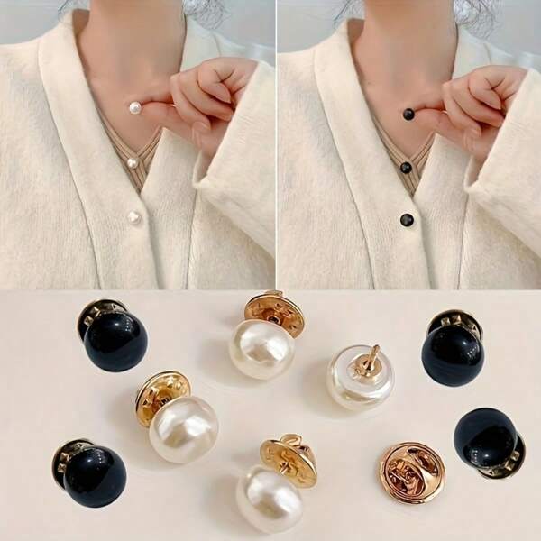 10-Piece Set Of Elegant Round Pearl Buttons- Seamless, Anti-Exposure Collar And Bra Buttons, Suitable For Shirts And Cardigans- White/Black