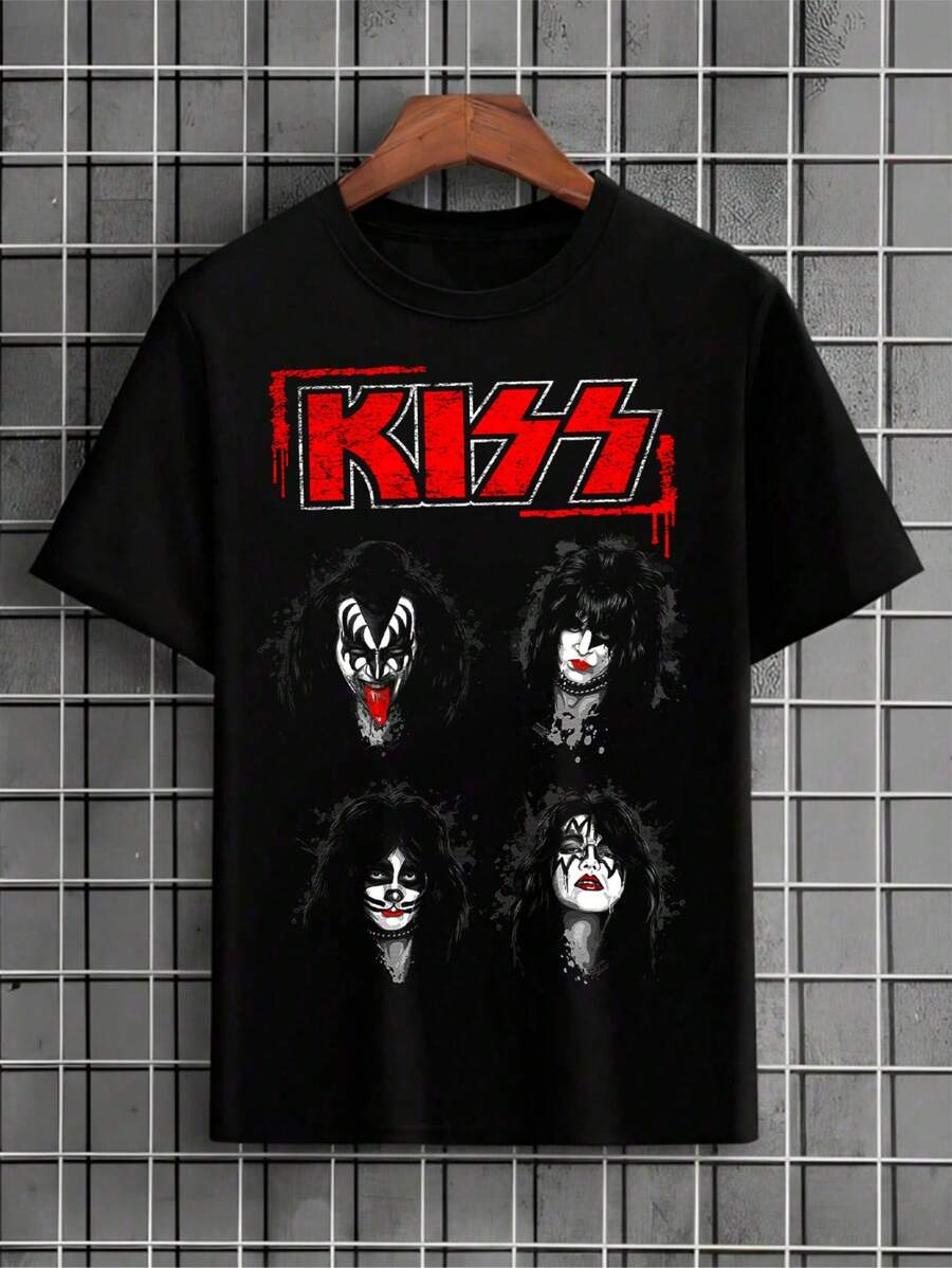 Kiss Rock Band T-Shirt, International Music, Halftone Shirt, Unisex Blouse, Men's And Women's, 100% Cotton, Premium Top Streetwear, New Release, Immediate Shipping, Various Colors!! Plus Size - 黑色 - 查看 1
