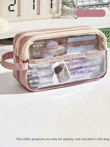 Handheld Double Layer Transparent Pencil Case Pen Bag Hitting Color Square Storage Pouch For Stationery School,Pencil Pouch,School Bag - Mint Green - View 14