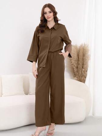 7/8 Sleeve Loose Women Lounge Set, Button-Up Shirt Top With Pockets And Straight Leg Casual Pants, Winter Clothes