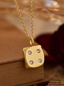 1pc Quirky Dice 1-6 Dot Design Zirconia Necklace For Women, Fashionable Commuting Style Everyday Wear Gold Jewelry