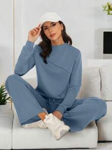 Casly Lamiit Women's 2 Piece Lounge Comfort Set - Boat Neck Sweater & Airy Wide Leg Pants Autumn Travel Casual Clothing - Blue Grey - 查看 5