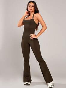 1pc Women's Seamless Ribbed Racerback Jumpsuit, Yoga Fitness Running Workout Jumpsuit