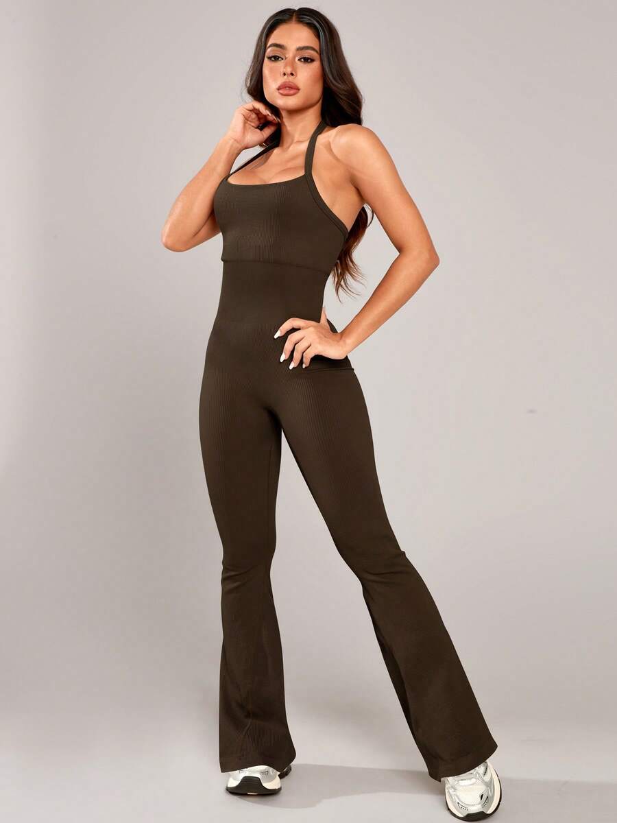 1pc Women's Seamless Ribbed Racerback Jumpsuit, Yoga Fitness Running Workout Jumpsuit