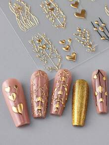 2pcs 3D Bronzing Heart Stickers For Nails Metallic Golden Heart Designs Glitter Self Adhesive Nail Art Decals For Valentine's Day Decoration Manicure Supplie - Vàng - Xem 5