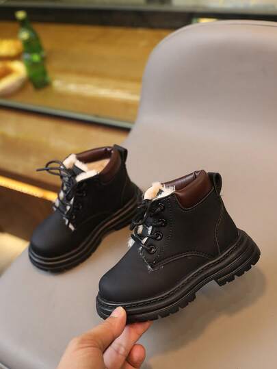 1 pereche de cizme casual cu căptușeală termică, în culori blocate, pentru copii, cizme scurte cu șireturi, pentru purtare zilnică și în aer liber, potrivite pentru toamnă/iarnă (mărime mică)