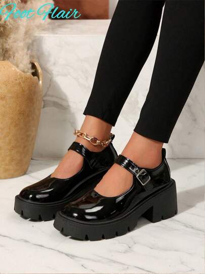Foot Flair Women Mary Jane Platform Thick Block Heel Work, Wedding, Ankle Strap Y2K Goth Lolita Oxford Comfortable School Uniform Dress Shoes, Size Runs Small - Order One Size Up