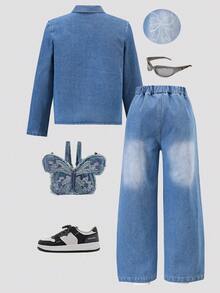 2pcs Girls Casual Fashion Blue Pocket Butterfly Print Denim Long Sleeve Jacket And Blue Denim Pocket Pants Set