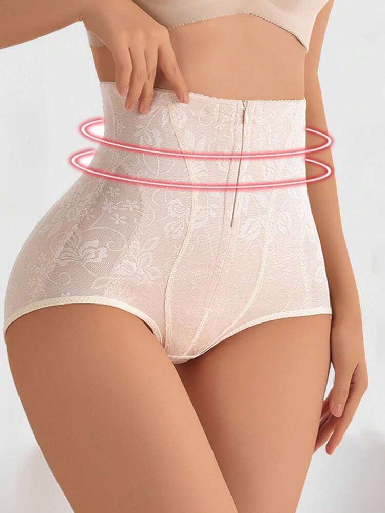 High Waist Zipper Lace Tummy Control Pants For Women, Slimming Waist Lifting Shapewear - Apricot - View 4