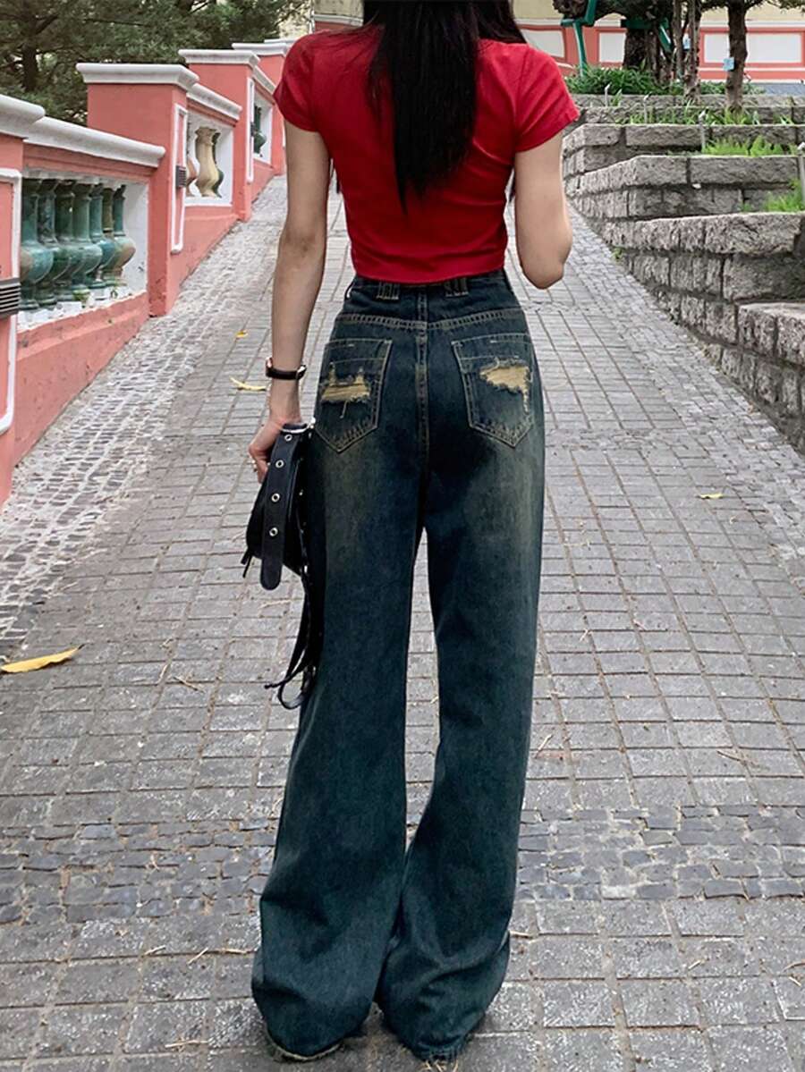 女式直筒牛仔裤，后袋做旧设计，全长 - 藍色 - 查看 1