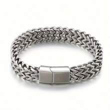 1pc Stainless Steel Braided Double Row Front And Rear Fish Scale Alloy Magnetic Buckle Bracelet With Keel Jewelry New Model - Multicolor - View 5
