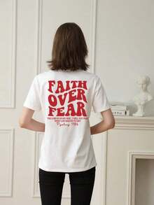 180g Faith Over Fear Christian Graphic-Shirt |   Women's Casual Vacation Bible Verse Tee |   Summer Round Neck Short Sleeve Top Summer-Shirt Women Casual Loose Top Letter Print Tee - 白3 - 查看 2