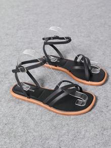2025 Women's Summer Ankle Strap Fashionable Color Block Flat Sandals, Suitable For Spring, Summer, Easter Holiday, Casual, Beach, Mother's Day Gift, New Arrival Metal Buckle Casual Roman Flat Sandals - Black - View 8