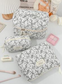 1Pc/Set White Base With Black Floral Pattern Quilted Makeup Bag Bohemia Retro Print Pattern Cosmetic Bag Fashionable Portable Makeup Organizer, Multi-Functional Storage Bag For Lipstick, Sanitary Napkin, Coins, Makeup Brushes,Etc Soft Fabric Floral Print Zipper Pouch Travel Essentials For Beach Vacation Holiday School Supplies Dorm Essentials Back To Schoolbag For School Travel Bag For Women - Multicolor - View 14