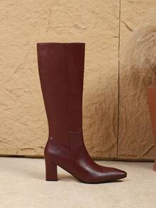 2025 年秋冬新款时尚加大码侧拉链高跟靴，粗跟纯色及膝靴，时尚优雅经典，酒红色靴子 - 酒紅色 - 查看 7
