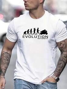 Men's Round Neck T-Shirt With POASOD Evolution Motorbike Print, Men's Fashion With Evolution Print, Casual Short Sleeve T-Shirt, Promotion Men's Blouse, Comfort For All Seasons - 白色 - 查看 1